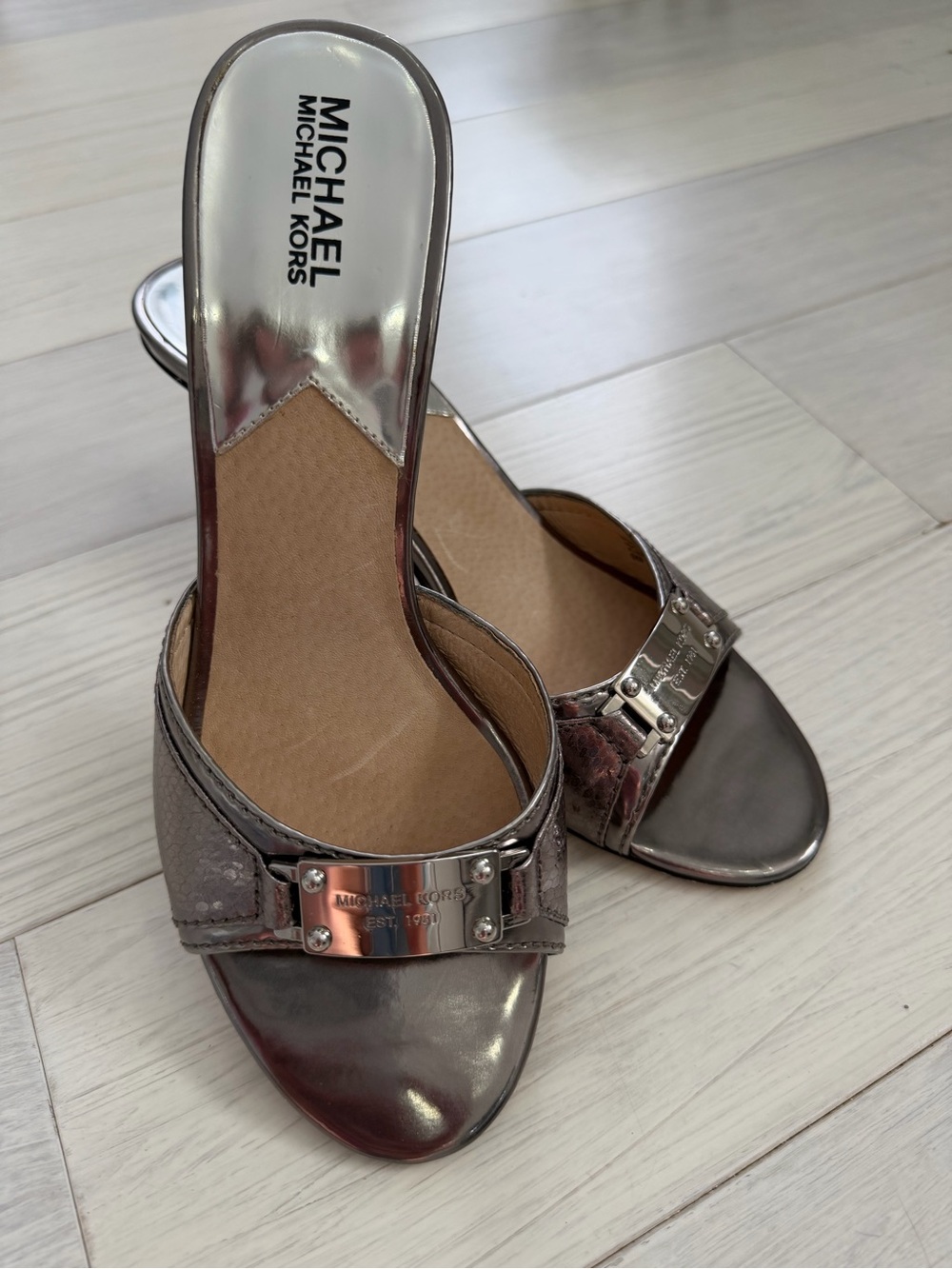 Michael Kors Metallic Pewter Slide Mules with Silver Plaque